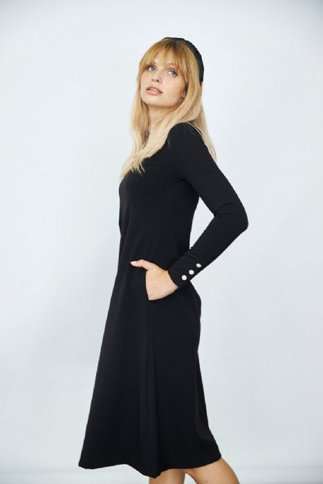 שמלת כפתורים בשרוול שחורה