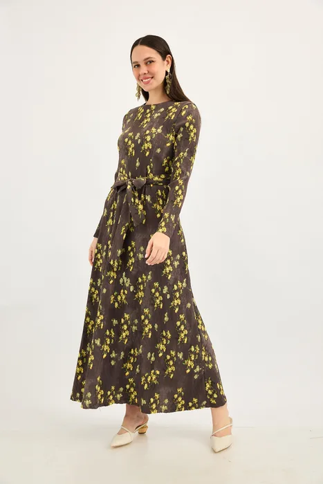 שמלה כיווצים פליסה אפור עם כתמים ירוק