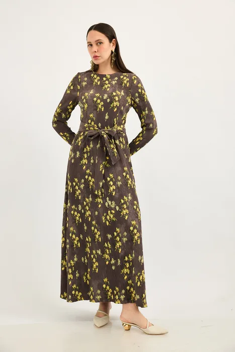 שמלה כיווצים פליסה אפור עם כתמים ירוק