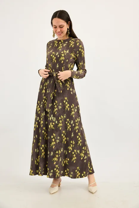 שמלה כיווצים פליסה אפור עם כתמים ורוד פוקסיה